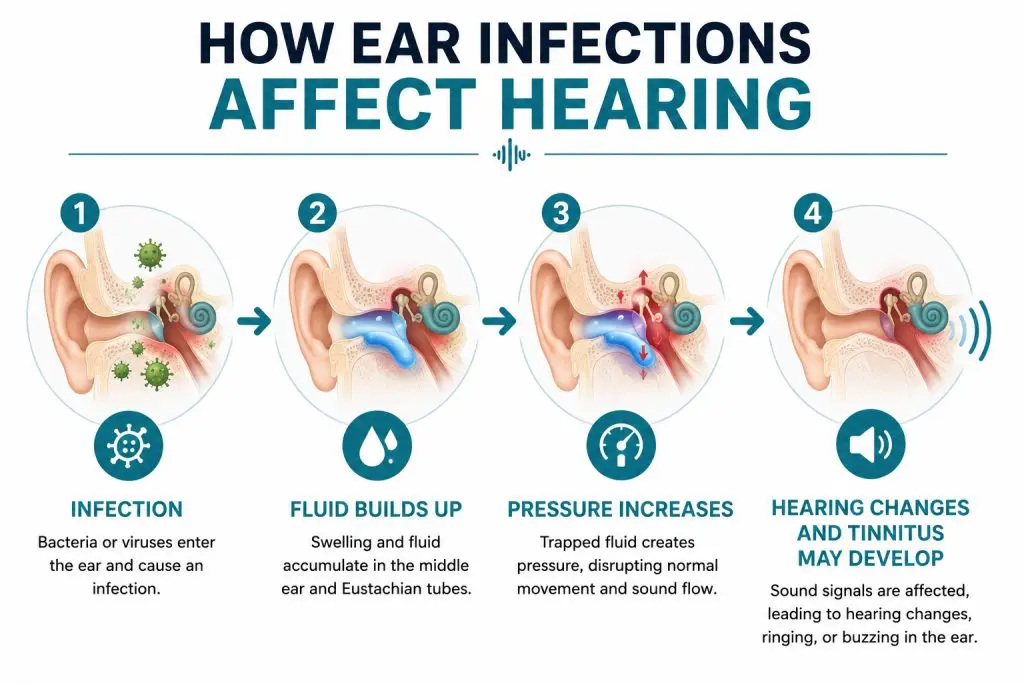 Landscape infographic showing how an ear infection can lead to hearing changes and tinnitus through a four-step process: infection, fluid buildup, increased ear pressure, and disrupted hearing.
