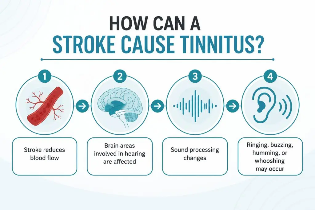 Flowchart infographic explaining how a stroke can lead to tinnitus by reducing blood flow, affecting brain areas involved in hearing, changing sound processing, and causing ringing, buzzing, humming, or whooshing sounds.