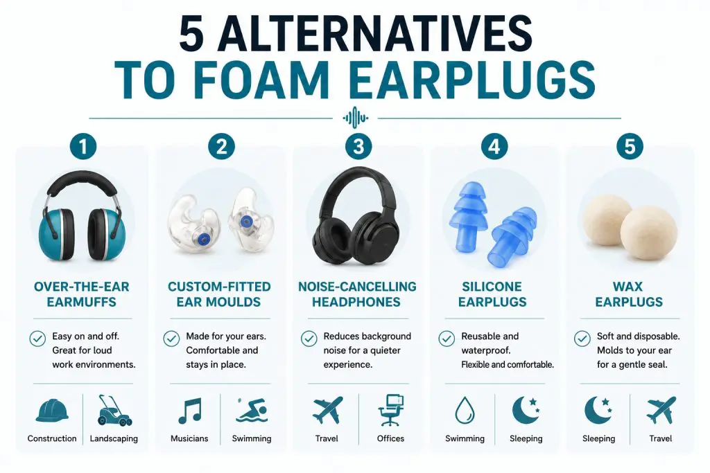 Simple infographic comparing five alternatives to foam earplugs: over-the-ear earmuffs, custom-fitted ear moulds, noise-cancelling headphones, silicone earplugs, and wax earplugs, with icons and brief descriptions of their best uses.