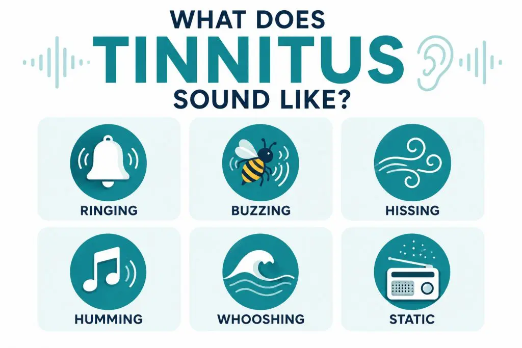 Icon grid infographic showing six common tinnitus sounds: ringing, buzzing, hissing, humming, whooshing, and static.