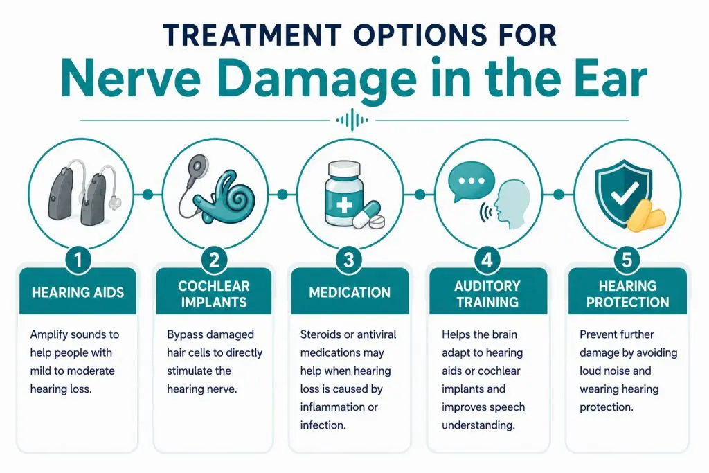 Infographic outlining five treatment options for nerve damage in the ear, including hearing aids, cochlear implants, medication, auditory training, and hearing protection.