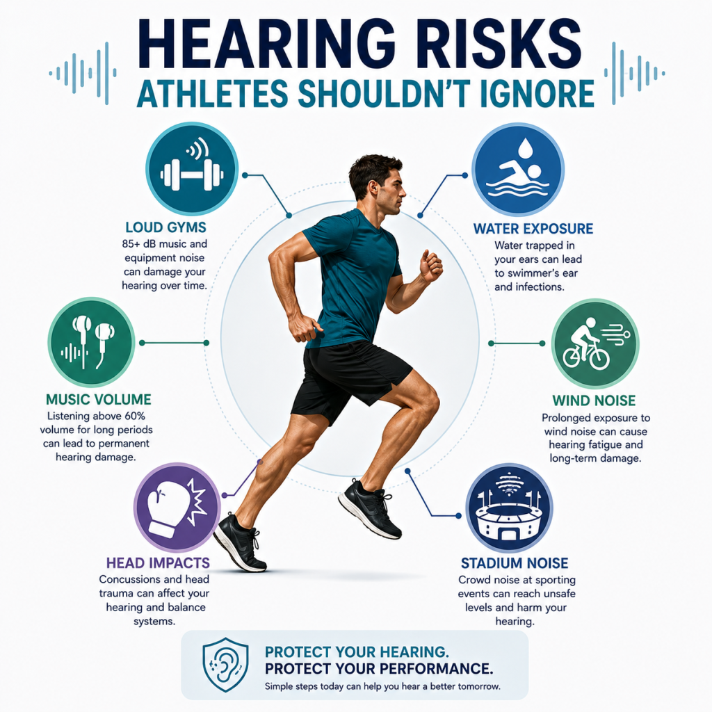 Infographic showing a runner surrounded by common hearing risks for athletes including loud gyms, water exposure, high music volume, wind noise, head impacts, and stadium noise that can contribute to hearing damage.