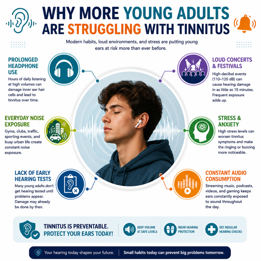 Infographic showing a young adult wearing earbuds surrounded by common tinnitus risk factors including prolonged headphone use, loud concerts and festivals, stress and anxiety, constant audio consumption, lack of early hearing tests, and everyday noise exposure.