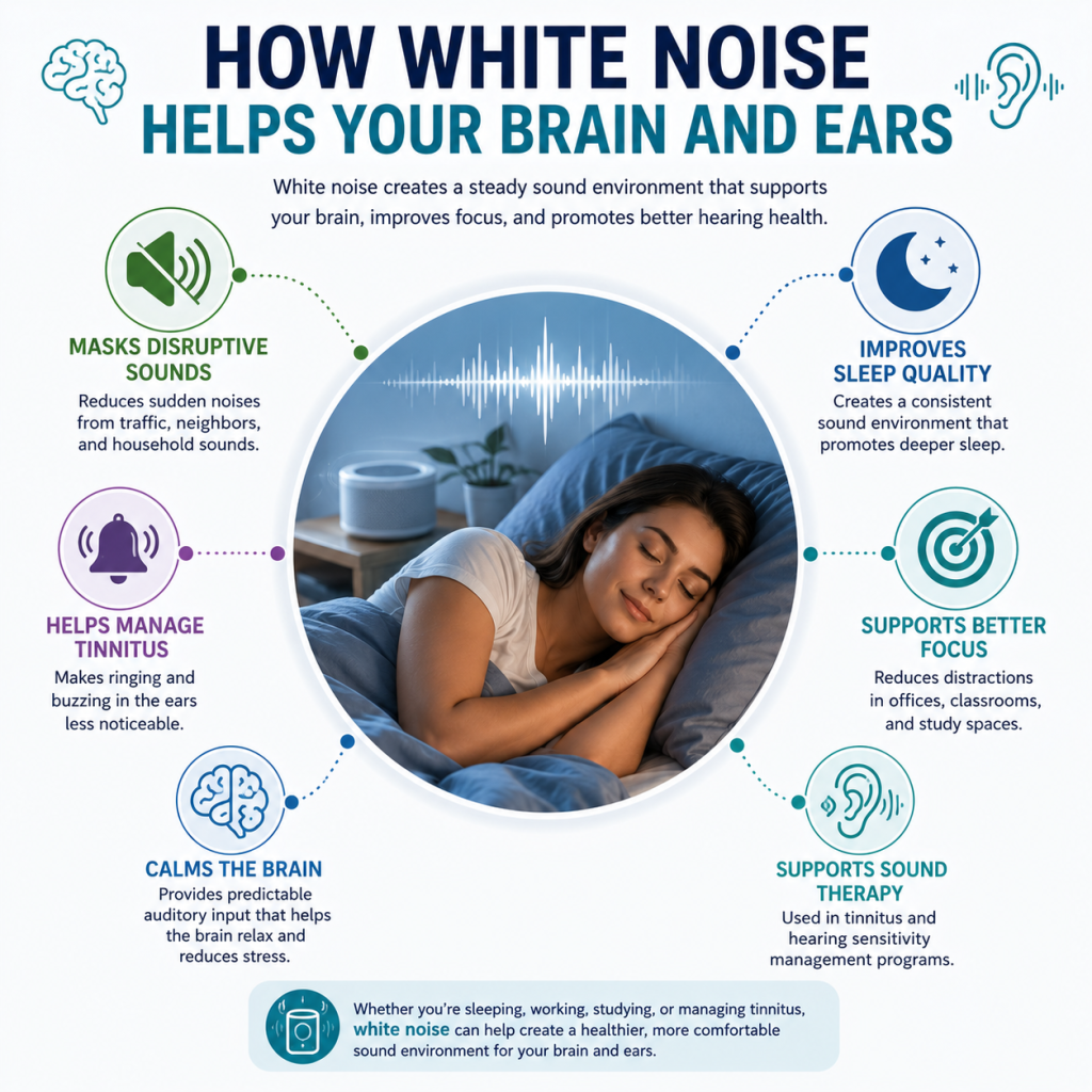 Infographic showing a person sleeping peacefully surrounded by the benefits of white noise, including masking disruptive sounds, improving sleep quality, supporting focus, helping manage tinnitus, calming the brain, and supporting sound therapy.