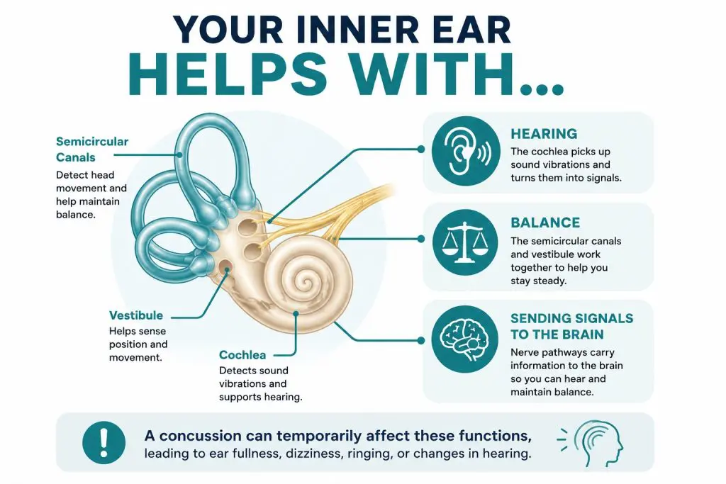 Anatomy infographic illustrating the three main functions of the inner ear: hearing, maintaining balance, and sending sensory signals to the brain, with a note that concussions can temporarily affect these functions.