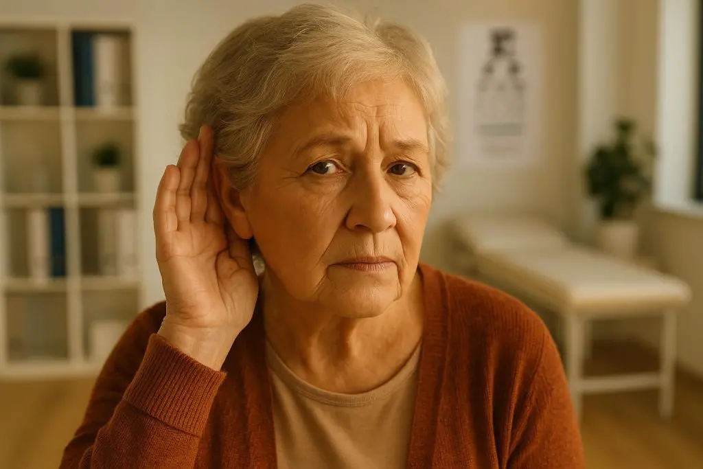 Older adult gently cupping ear in a hearing clinic, representing hearing loss.