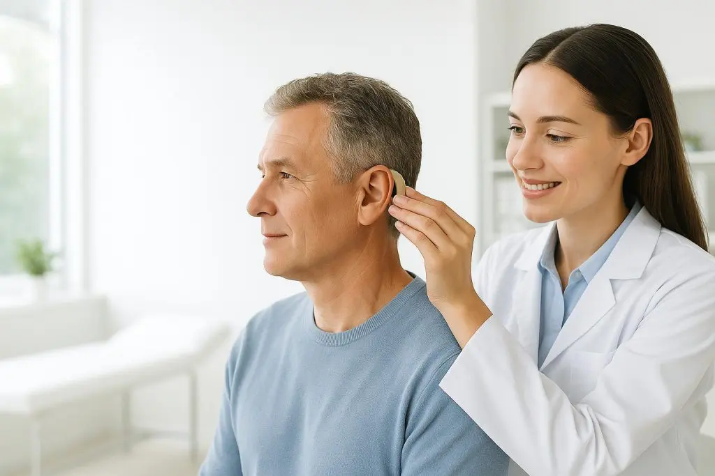 A caring professional offers ongoing support to a patient after getting a hearing aid.