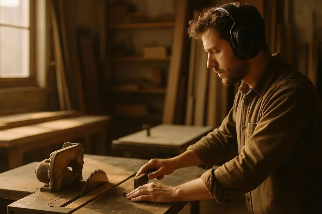Person using hearing protection in a noisy workshop environment.