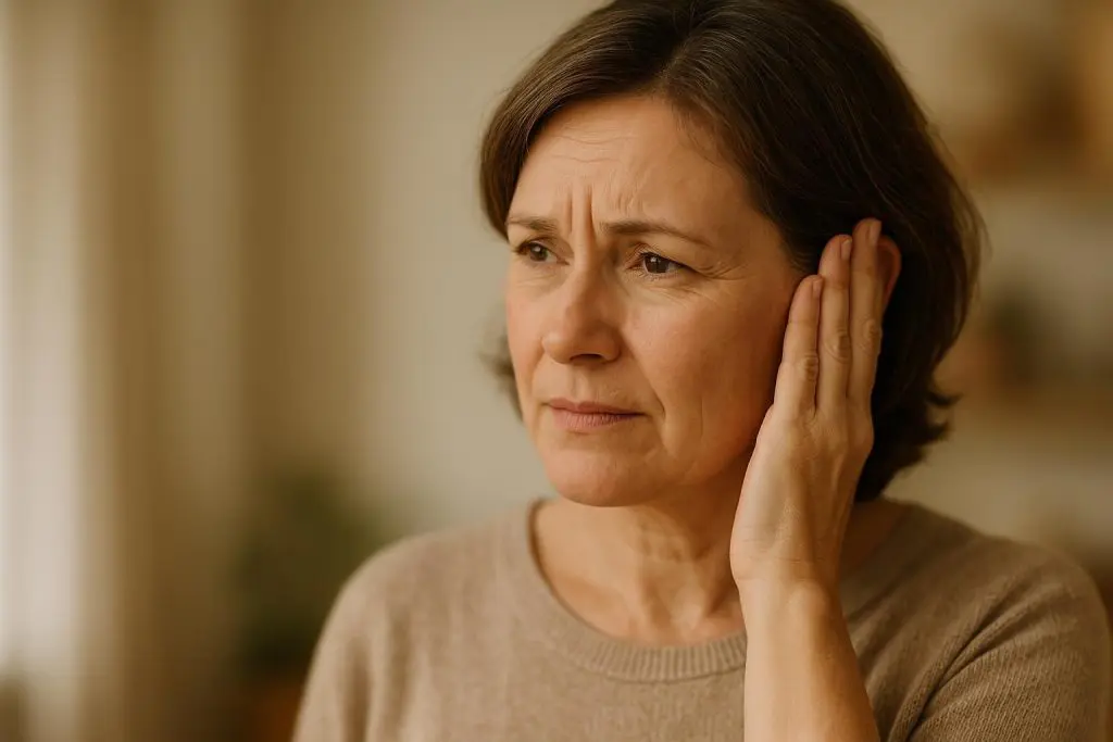 Middle-aged person covering ear, indicating muffled sound after loud noise exposure.