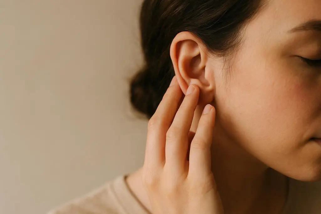 Close-up of a person’s ear depicting muffled sound possibly from earwax buildup.