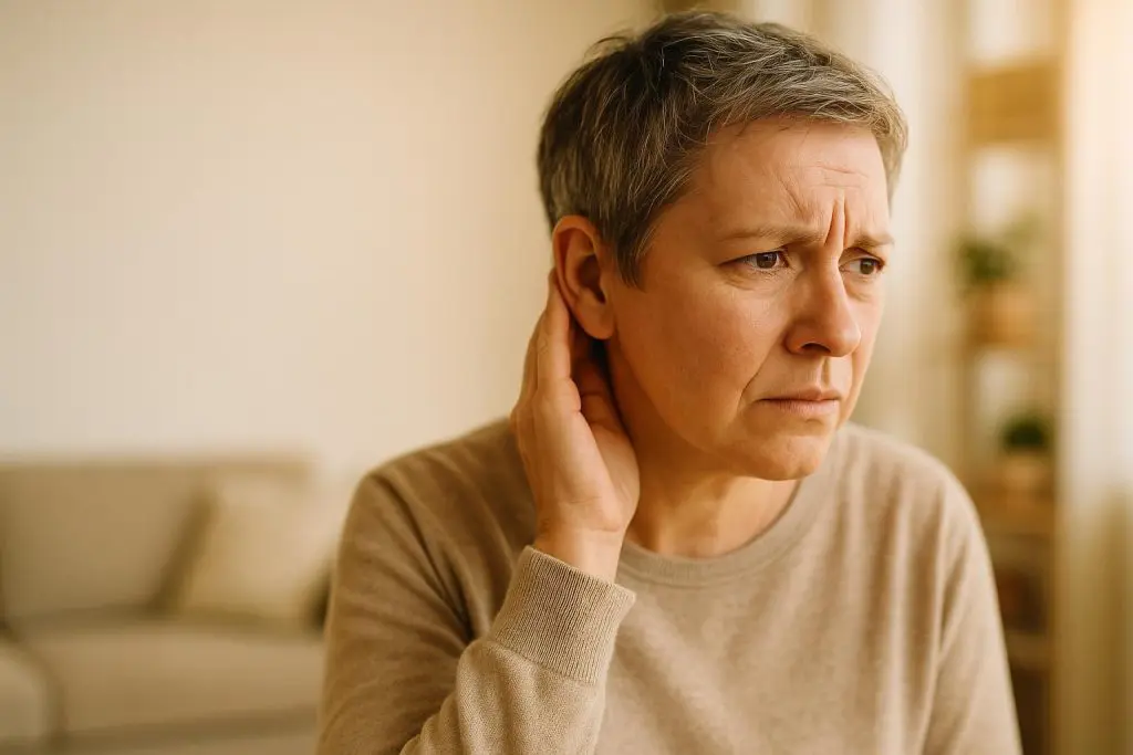 Concerned individual experiencing muffled sound in one ear.
