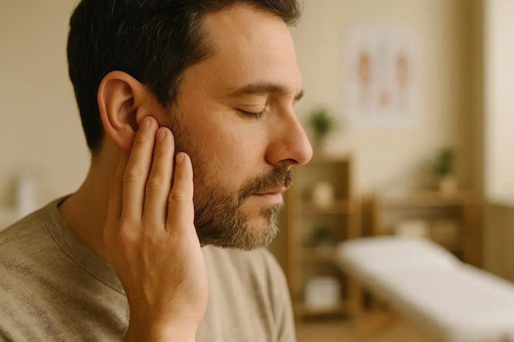 Person gently touching their ear, illustrating muffled hearing concern.