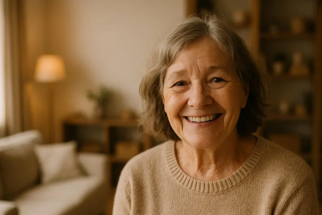 Older adult smiling in a sunlit room, reflecting healthy hearing and improved quality of life.
