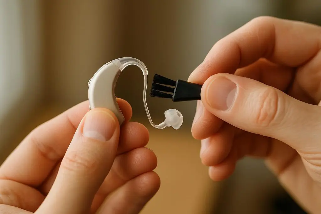 Close-up of a hand carefully cleaning a hearing aid, showing practical care steps.