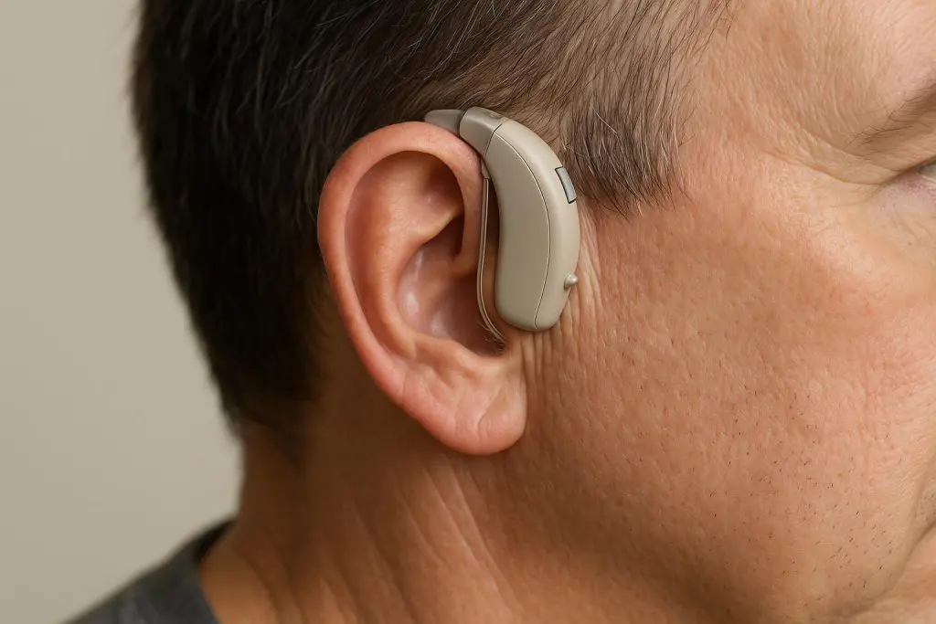 Close-up of a modern hearing aid discreetly behind the ear.