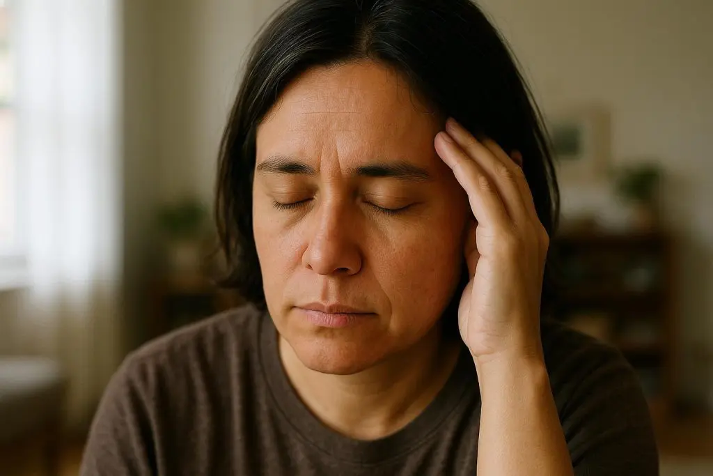 An adult gently touching their head, suggesting vertigo concerns, in a calm living room.