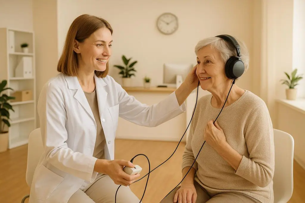 Adult receiving a hearing test from a Registered Hearing Aid Practitioner in a calm clinic setting.