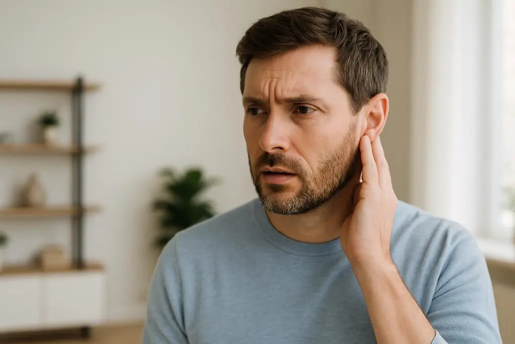 Concerned adult gently touching ear, illustrating hearing symptoms of auditory neuropathy.