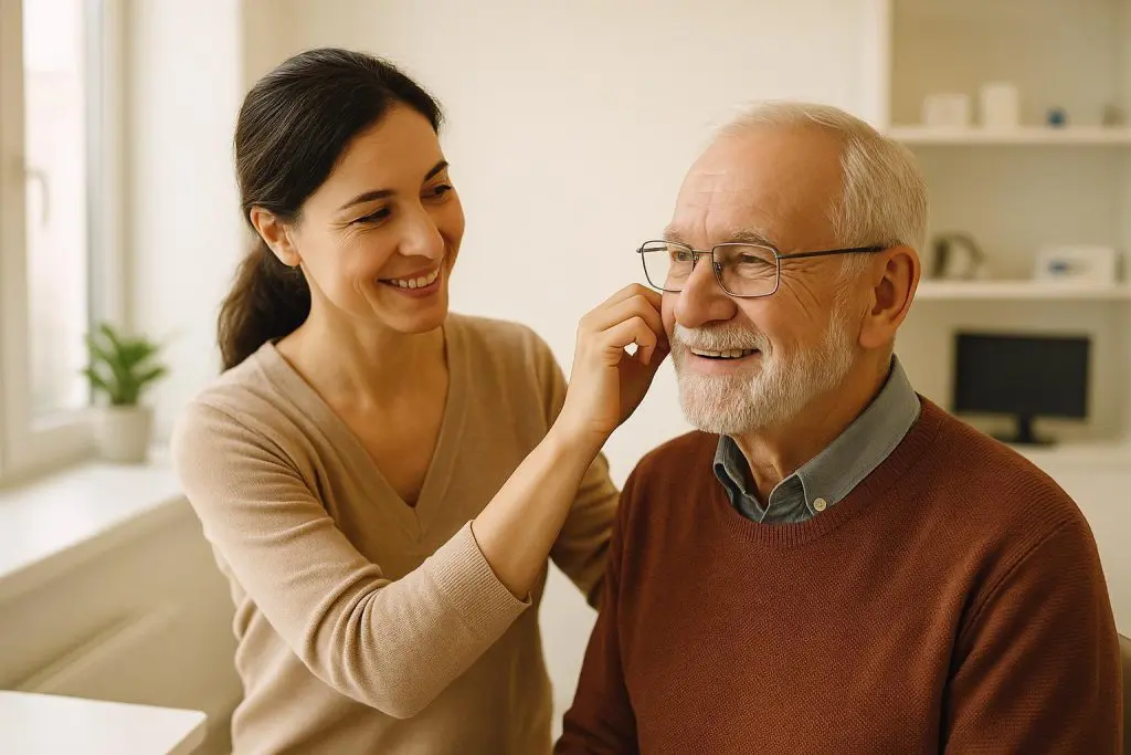 Hearing professional providing ongoing hearing health support to an older adult in a calm clinic setting.