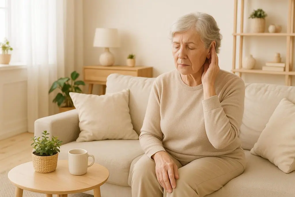 Older adult gently touching ear, illustrating congestion from a concussion.