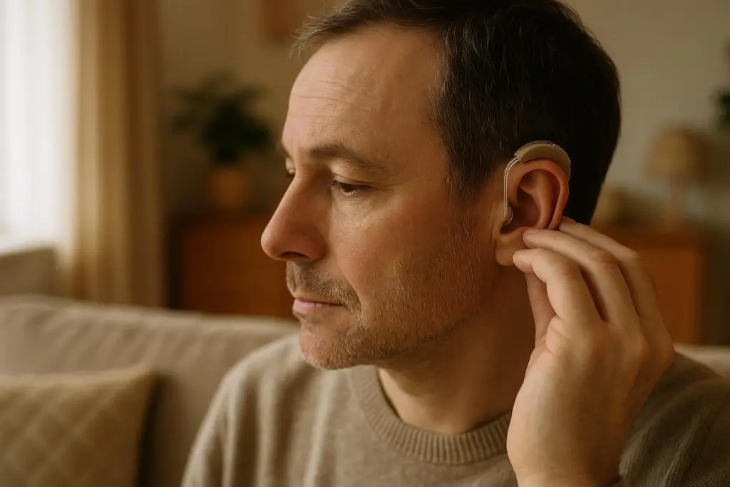 Middle-aged person adjusting hearing aids in a calm setting to reduce echoes.