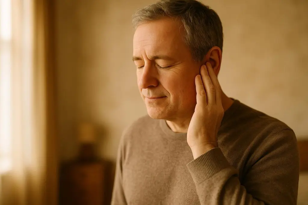 Middle-aged person touching their ear, showing ear infections may affect hearing.