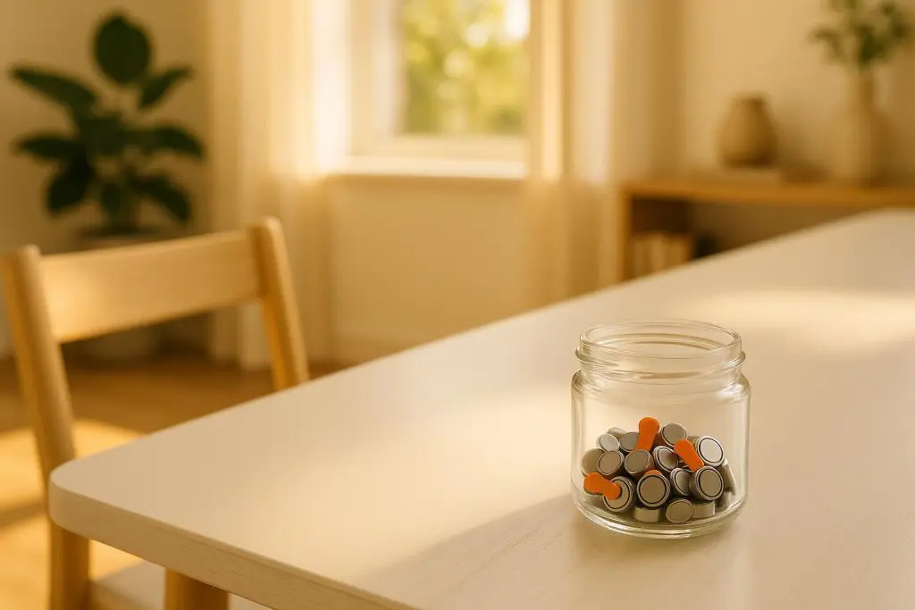 Small recycling container with used hearing aid batteries for safe disposal.