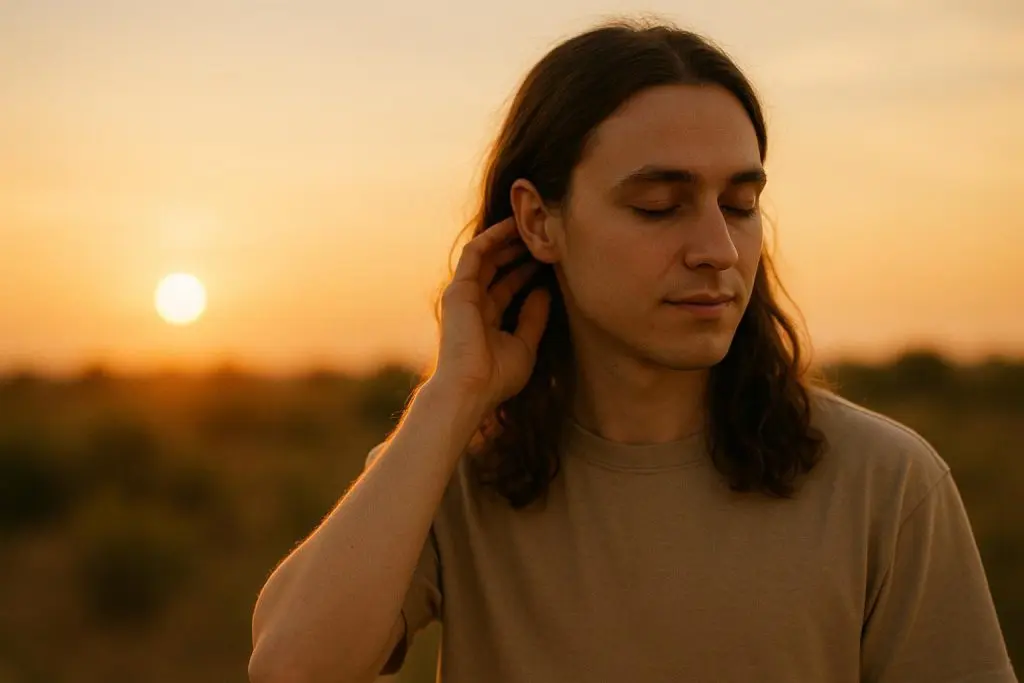 Person touching ear after a concert to alleviate muffled sound.