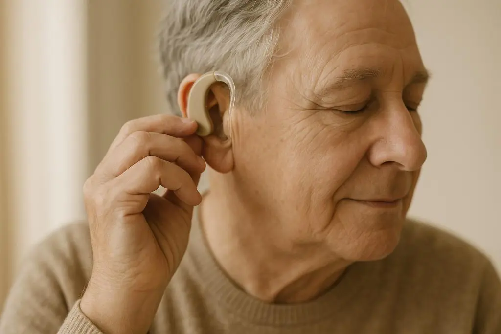 Mature adult adjusting to hearing aids in a calm setting.
