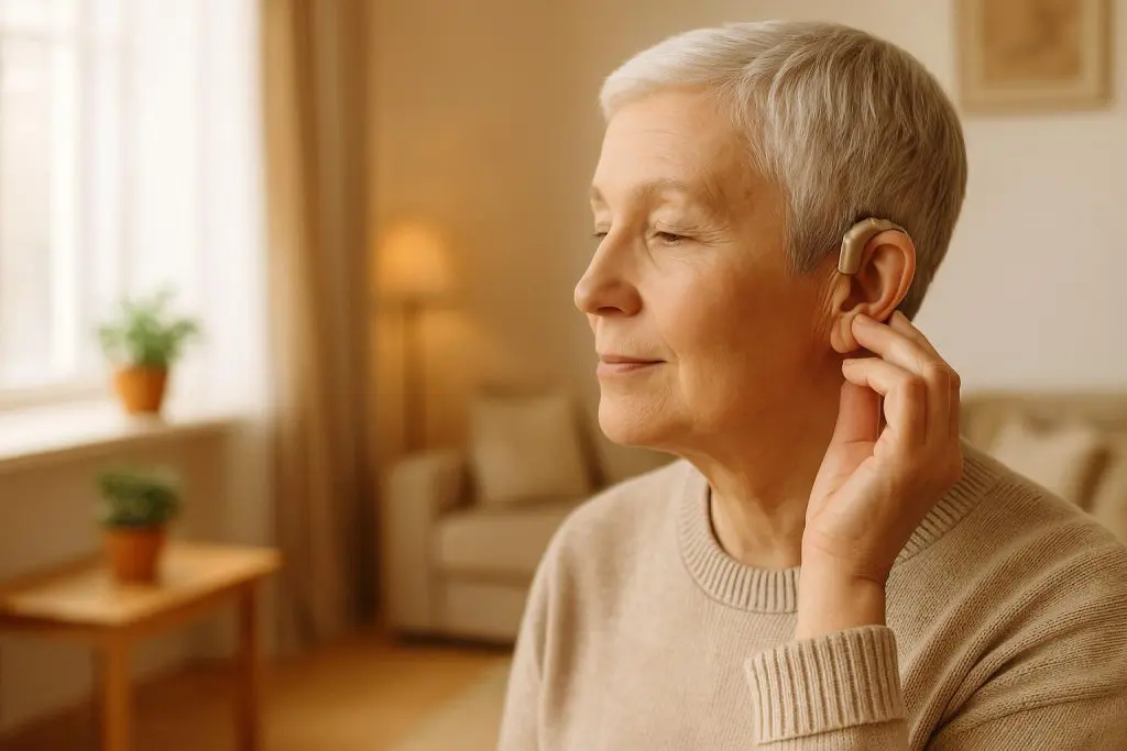 Older adult performing a hearing aid adjustment to address echoing.
