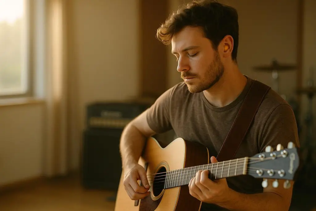 Musician using hearing protection while playing guitar, illustrating recommended safety for the music industry.