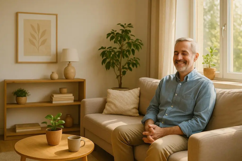 Middle-aged person enjoying a peaceful moment, representing good hearing health.