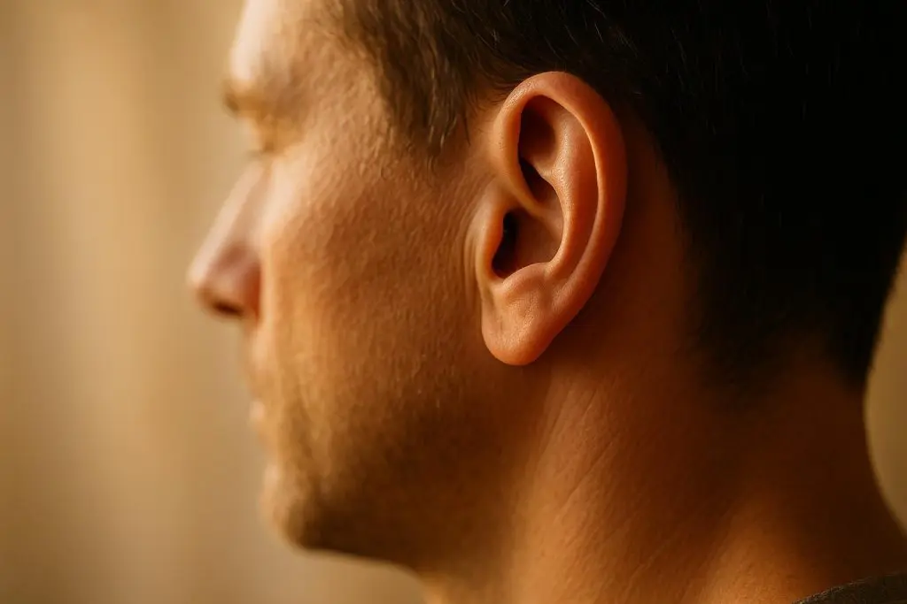 Close-up ear in natural light referencing auditory nerve damage.