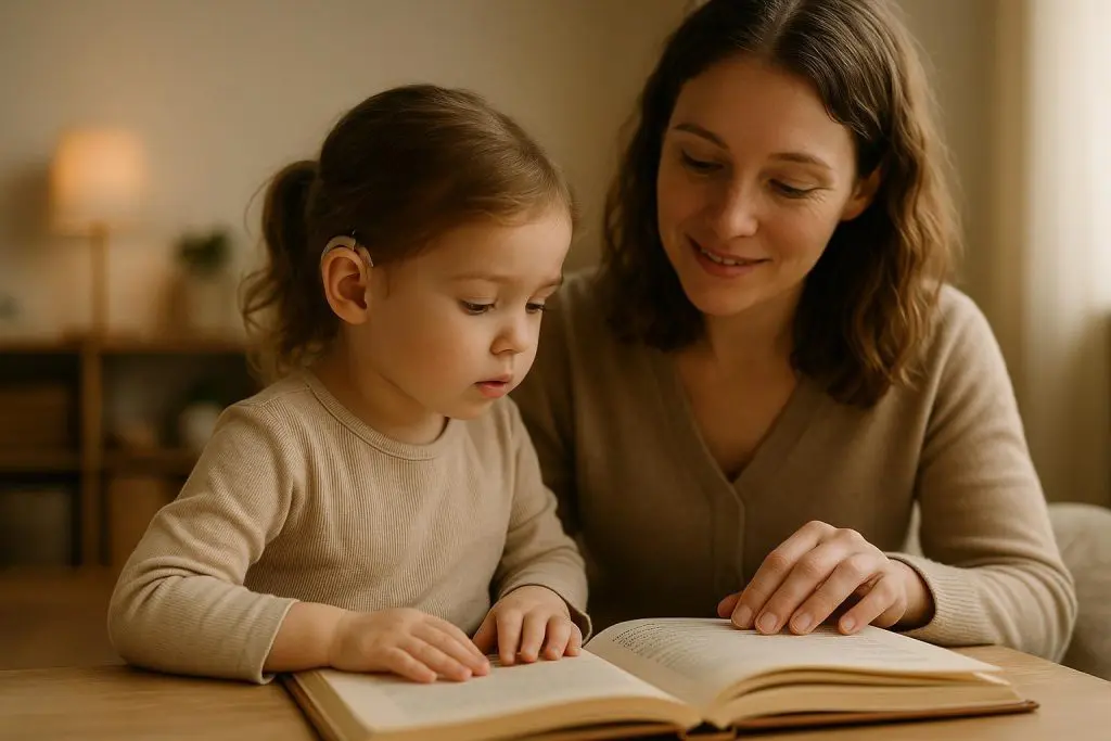 Child wearing hearing aids reading with a parent in a cozy living room