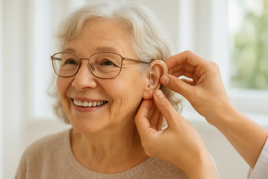 Senior woman during a hearing aid fitting, emphasizing the importance of regular assessments for hearing health.