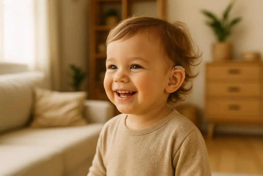 Child wearing a hearing aid, illustrating early detection of hearing loss in children.