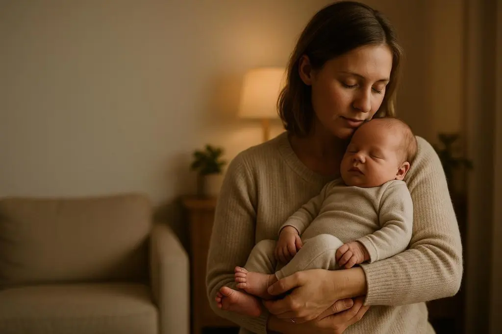 A parent cradling a newborn, highlighting early ear damage detection.
