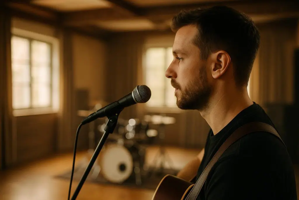 Musician wearing custom hearing protection in a rehearsal studio.