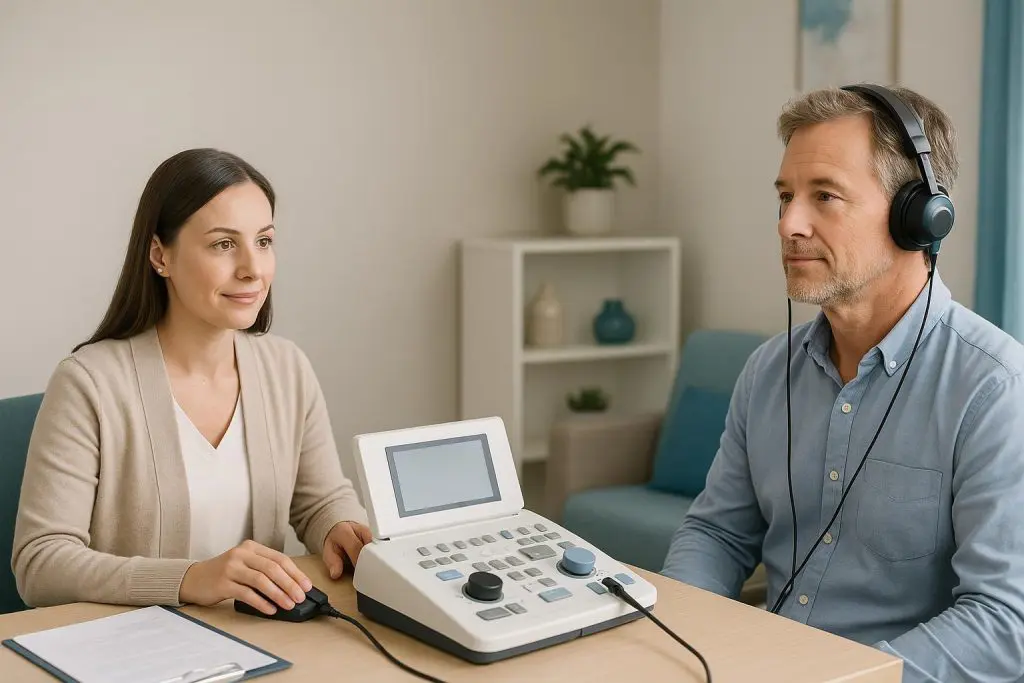 Registered practitioner conducting an accurate hearing test with modern clinic equipment