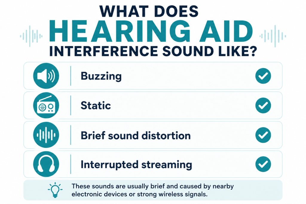Checklist infographic showing four common signs of hearing aid interference: buzzing, static, brief sound distortion, and interrupted audio streaming.