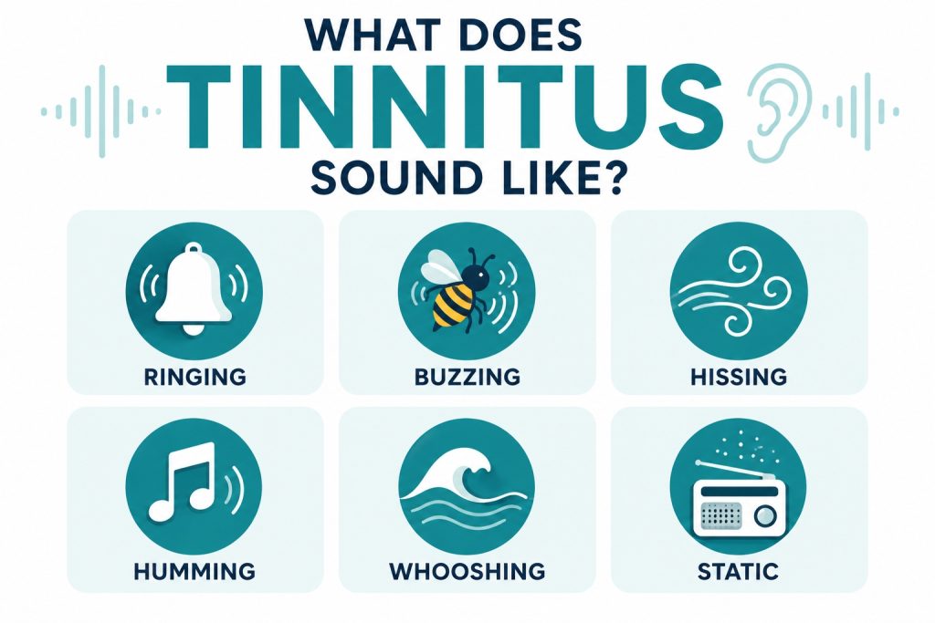 Icon grid infographic showing six common tinnitus sounds: ringing, buzzing, hissing, humming, whooshing, and static.