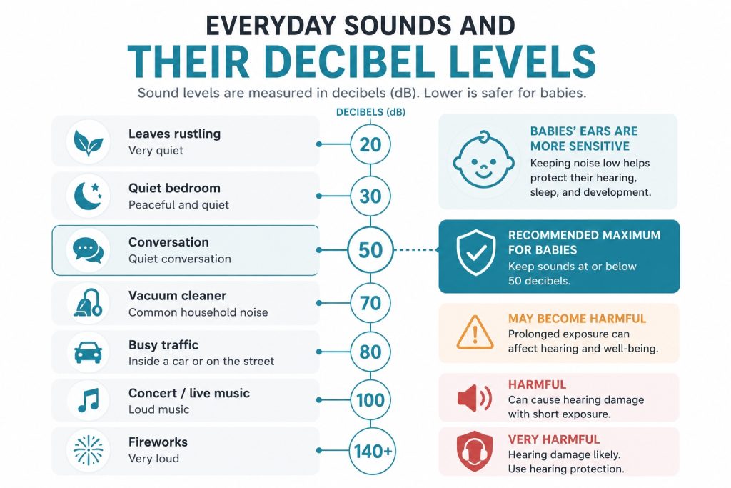 Landscape infographic comparing everyday sounds and their decibel levels, highlighting that sounds at or below 50 decibels are recommended for babies to help protect their hearing and support healthy development.