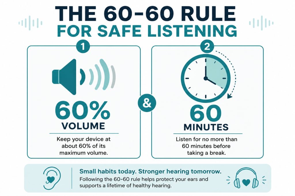 Two-panel infographic explaining the 60-60 rule for safe listening: keep headphone volume at 60% of the maximum and listen for no more than 60 minutes before taking a break.