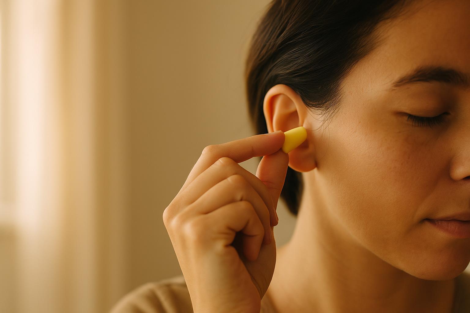 Close-up of a person gently placing earplugs for hearing protection.