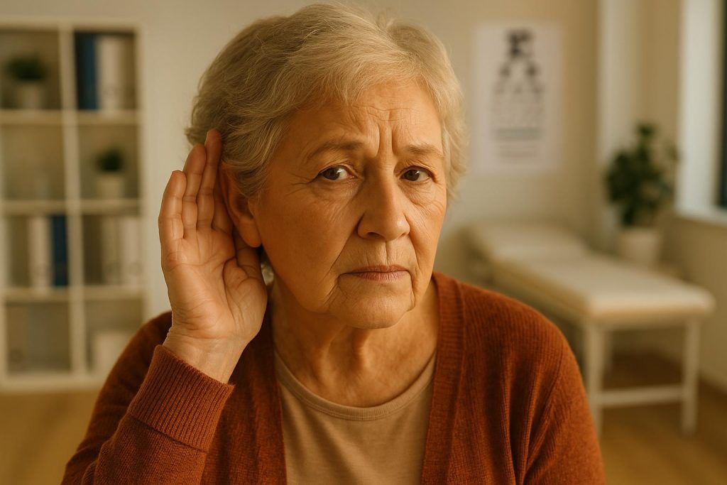 Older adult gently cupping ear in a hearing clinic, representing hearing loss.