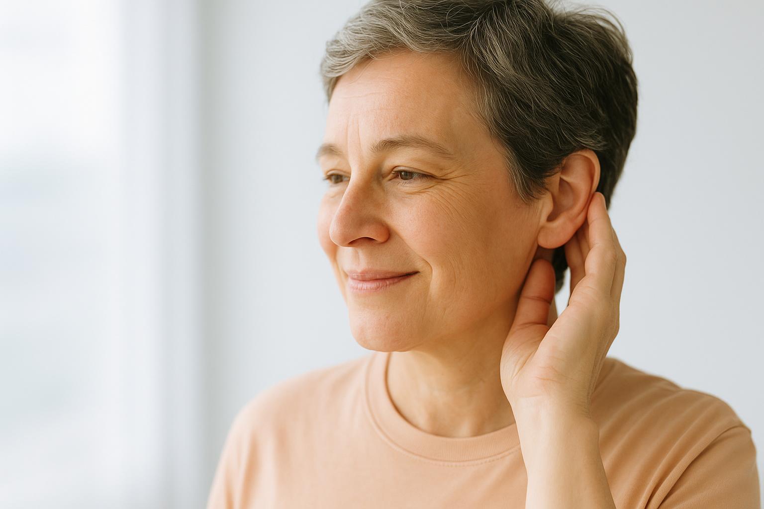 Close-up of a person touching their ear, illustrating ear damage and hearing health.