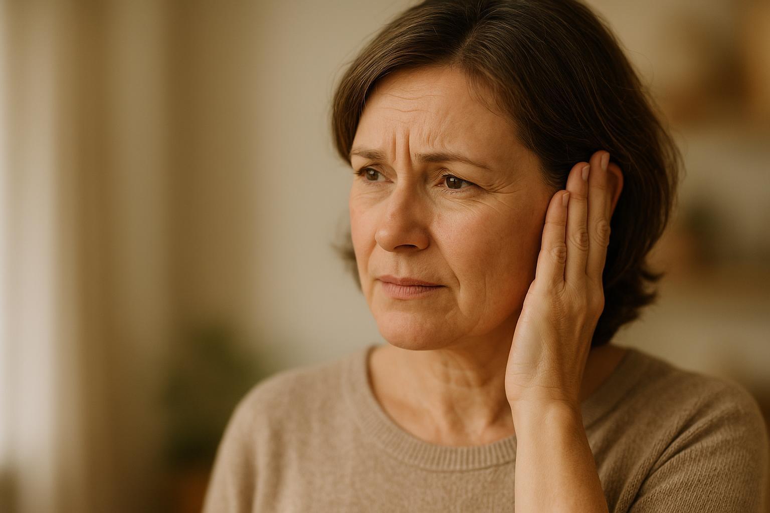 Middle-aged person covering ear, indicating muffled sound after loud noise exposure.