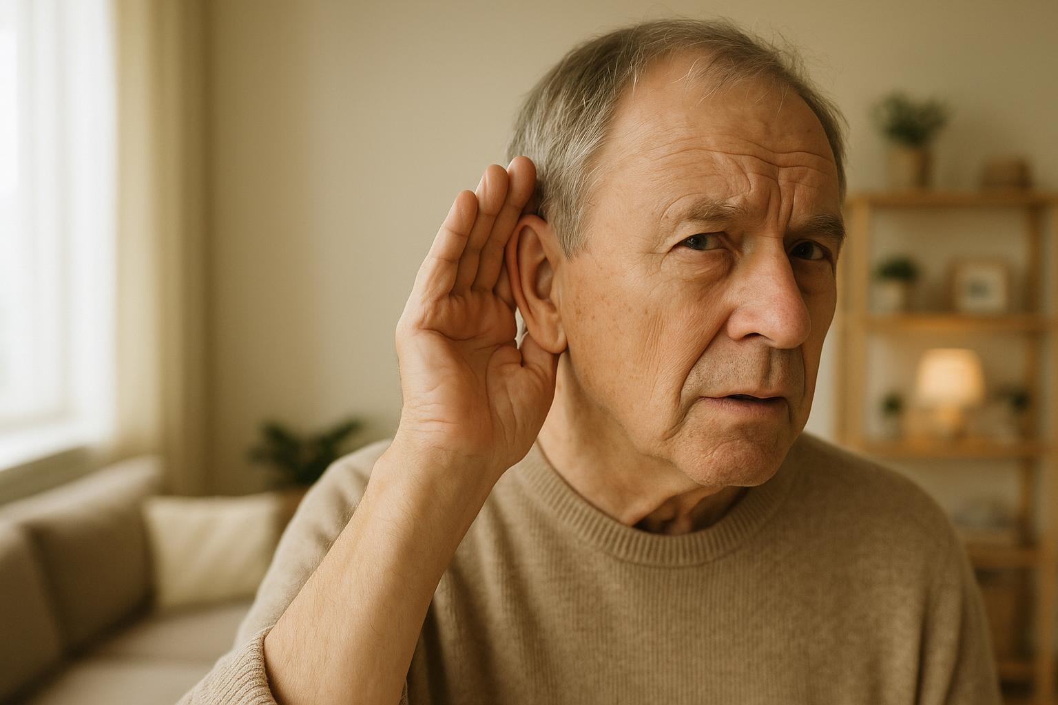 Older adult cupping their ear, illustrating muffled sound as a sign of hearing loss.