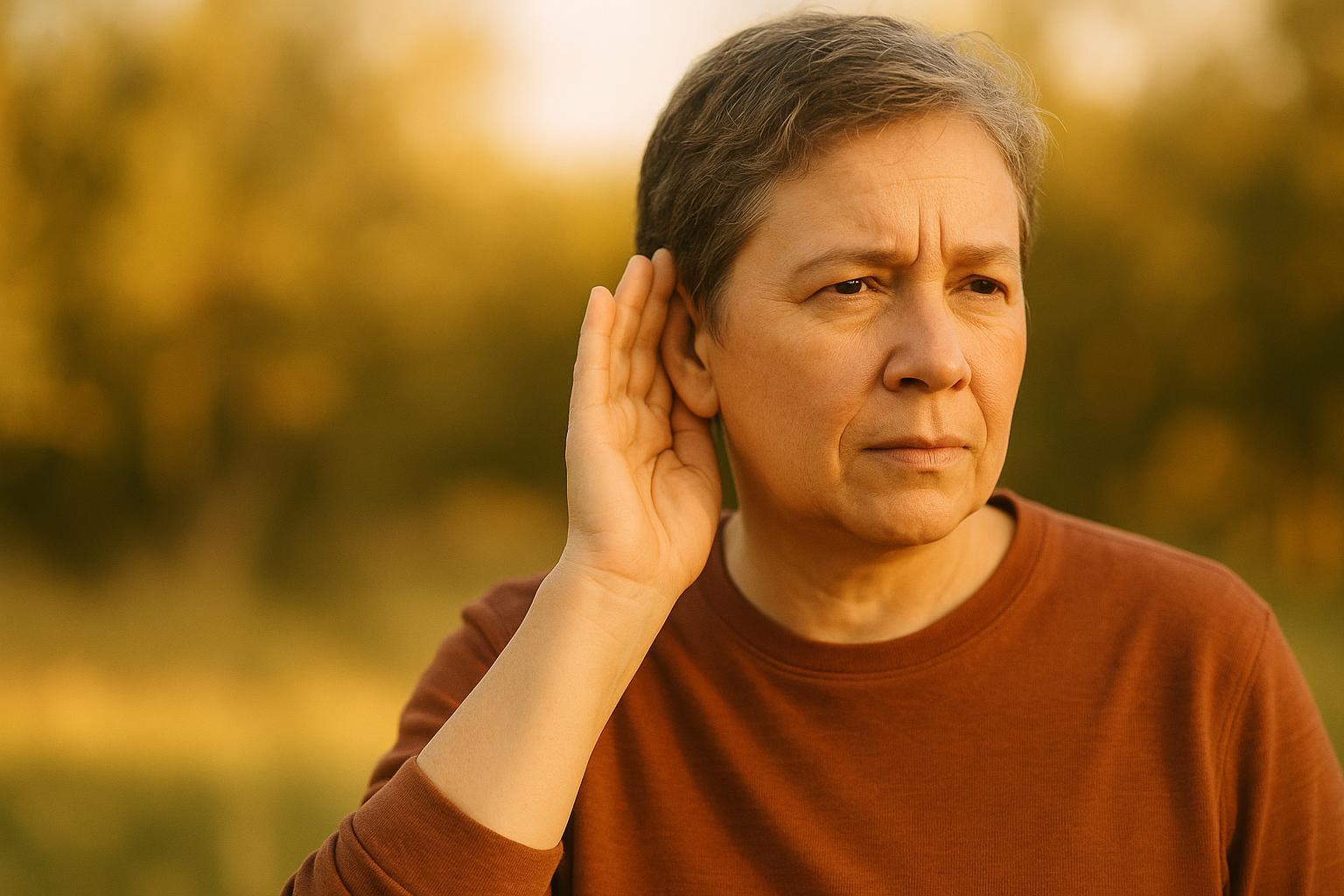 Person pressing hand to ear, representing muffled hearing concerns outdoors.