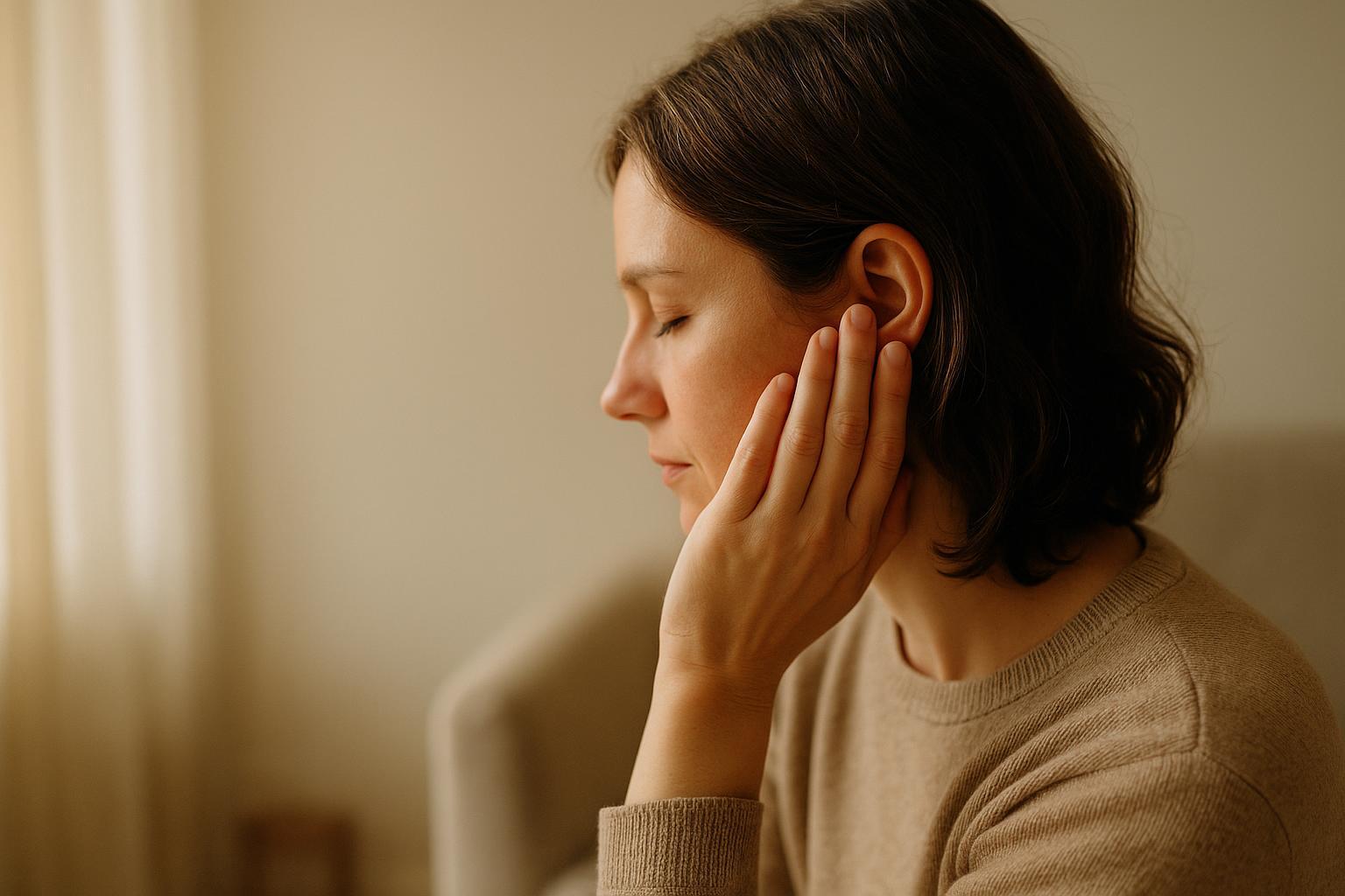 Person gently resting a hand on their ear in a softly lit room, symbolizing mild muffled hearing concerns.